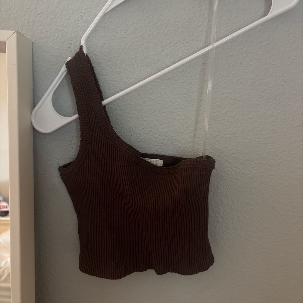 Full Tilt Brown Ribbed One-Shoulder Crop Top